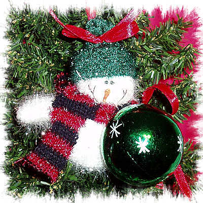 FULL-BODIED, FUZZY GREEN SNOWMAN ORNAMENT